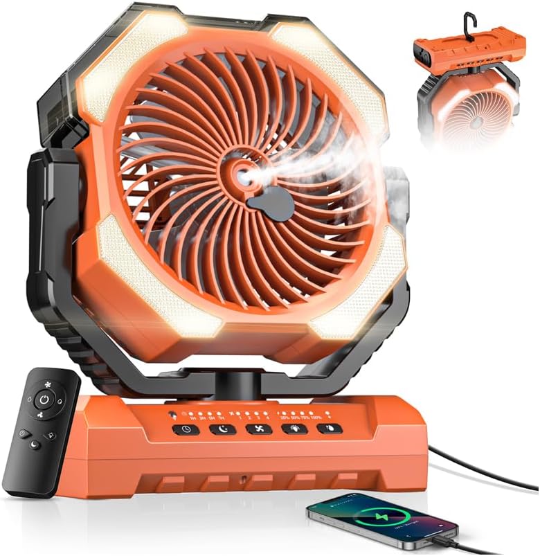 Misting Fan, Portable Camping Fans with 9oz Water Tank, 24000mAh Rechargeable Fan with 4 Speed, Battery Powered Fans with 120H Cooling, Last 5H Mist, 2 Mist Modes, Light, Outsides/Summer Essential