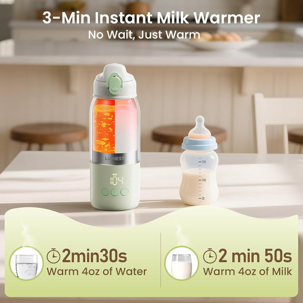 12oz Portable Baby Bottle Warmer, 6-Level Scheduled Timer Function | 3-Min Fast Heating, 6 Temp Control, Reverse Charging as a Power Bank, Child Safety Lock, USB-C, For Car, Airplane & Outdoor