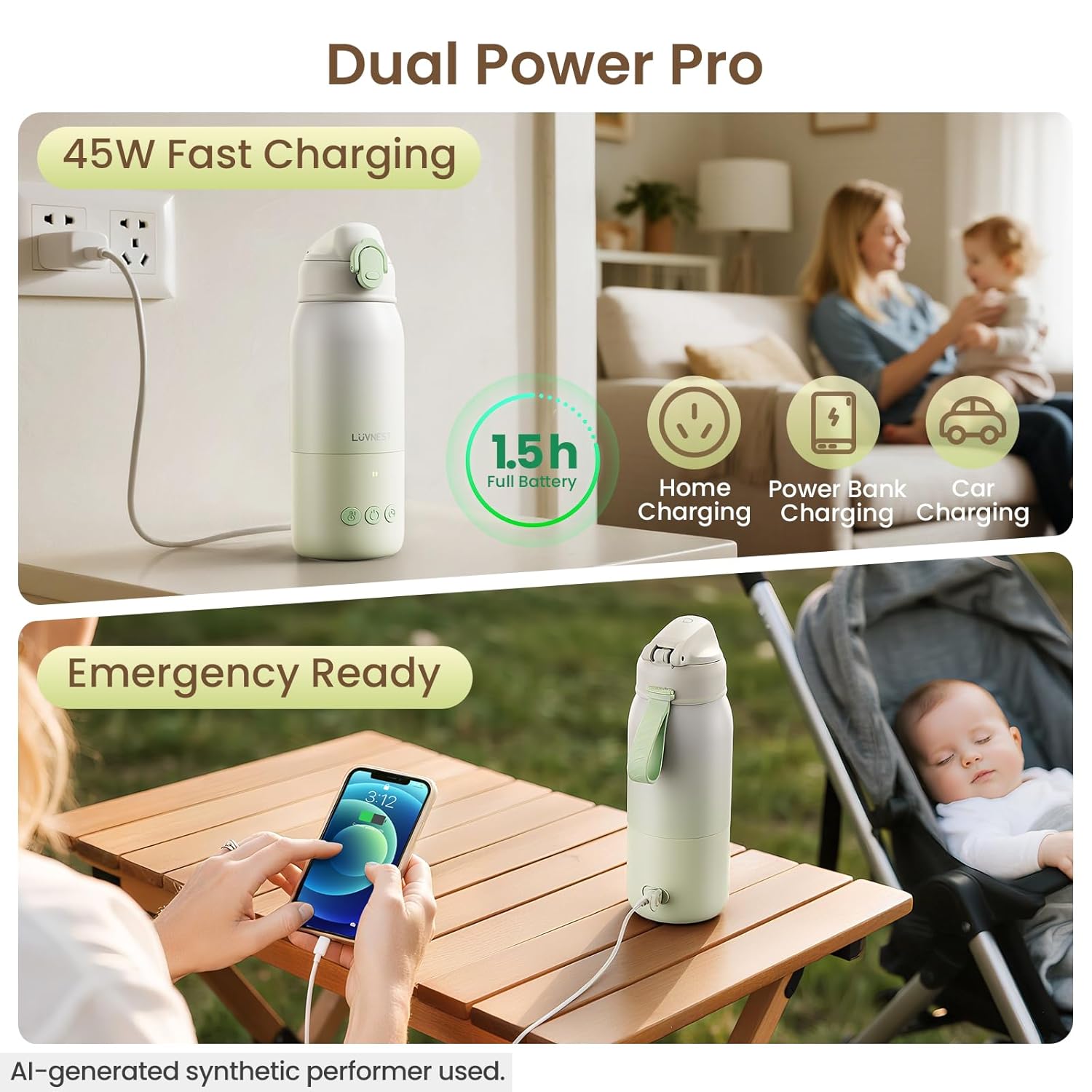 12oz Portable Baby Bottle Warmer, 6-Level Scheduled Timer Function | 3-Min Fast Heating, 6 Temp Control, Reverse Charging as a Power Bank, Child Safety Lock, USB-C, For Car, Airplane & Outdoor
